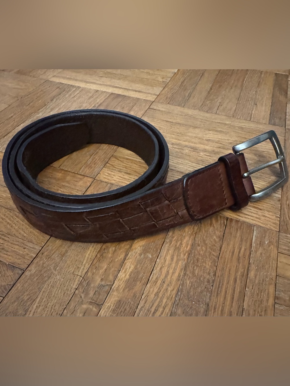 Tommy Bahama crocodile-embossed Dark Brown Leather Belt With Solid Brass Buckle